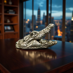 Green Croc Bite Alligator Head Sculpture – Metallic Statement Decor