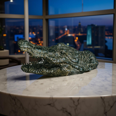 Green Croc Bite Alligator Head Sculpture – Metallic Statement Decor