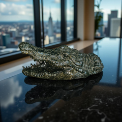 Green Croc Bite Alligator Head Sculpture – Metallic Statement Decor
