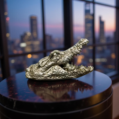 Green Croc Bite Alligator Head Sculpture – Metallic Statement Decor