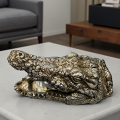 Green Croc Bite Alligator Head Sculpture – Metallic Statement Decor