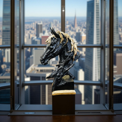 Midnight Stallion Black & Gold Horse Bust – Modern Sculpture Decor (2.5 Ft)