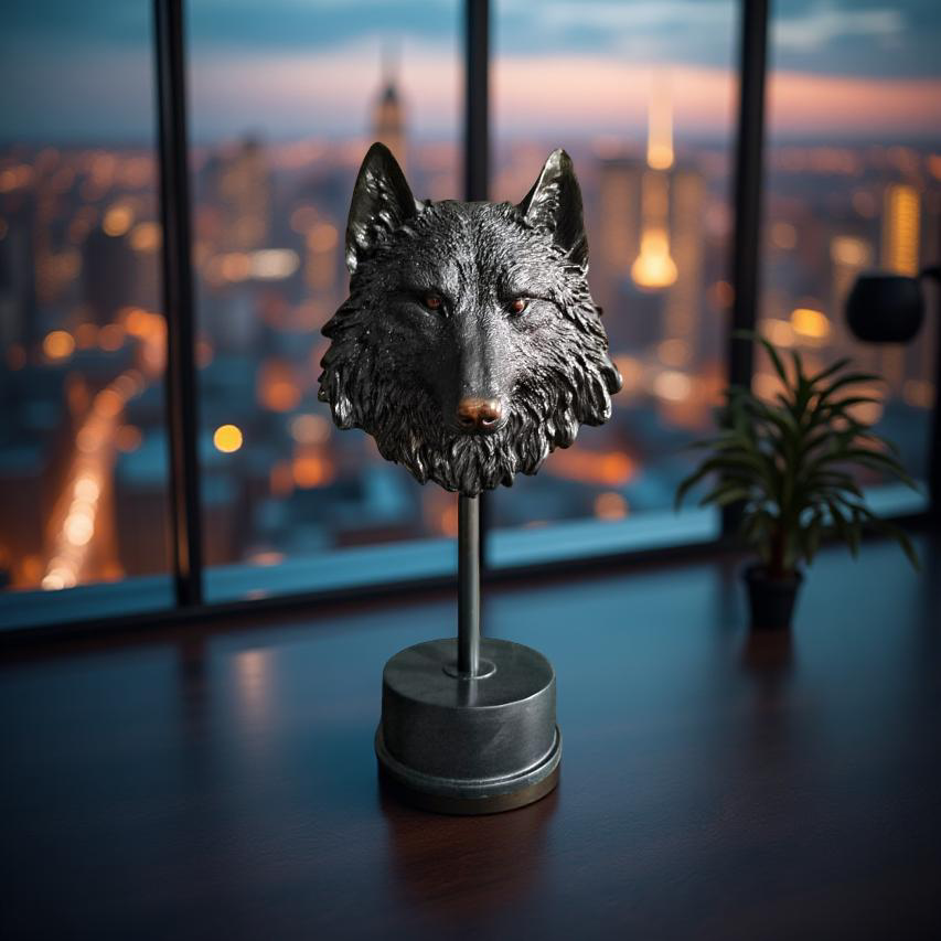 Midnight Sentinel Wolf Bust Sculpture Matte Black Statue (1.5 Ft)