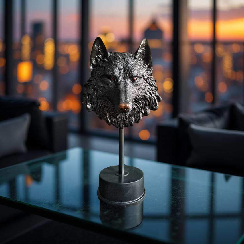 Midnight Sentinel Wolf Bust Sculpture Matte Black Statue (1.5 Ft)