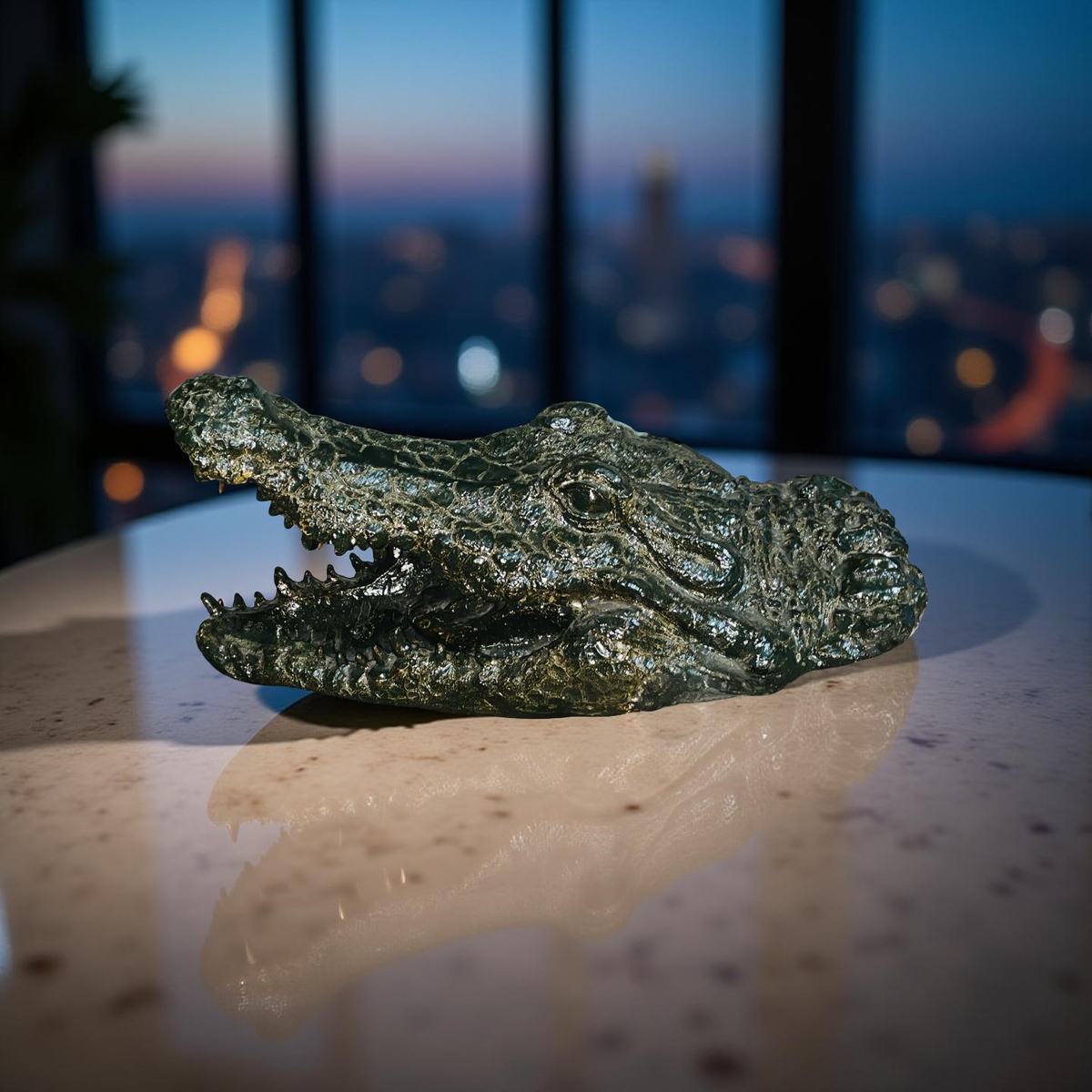 Green Croc Bite Alligator Head Sculpture – Metallic Statement Decor