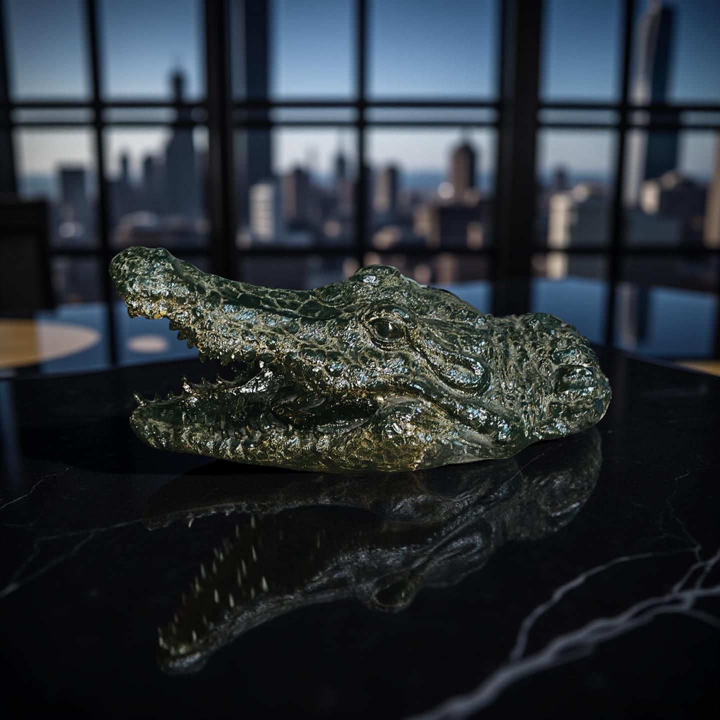 Green Croc Bite Alligator Head Sculpture – Metallic Statement Decor