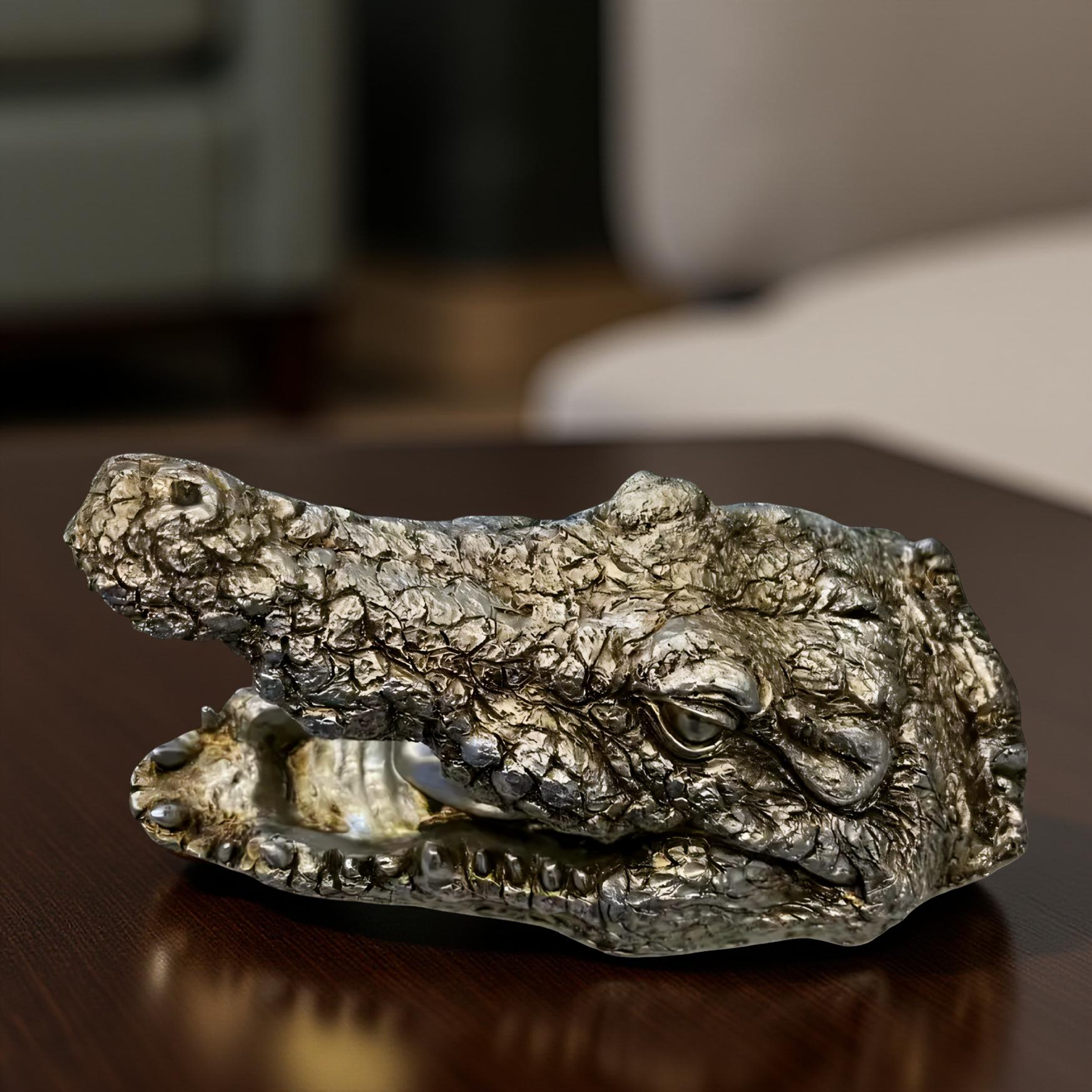 Green Croc Bite Alligator Head Sculpture – Metallic Statement Decor