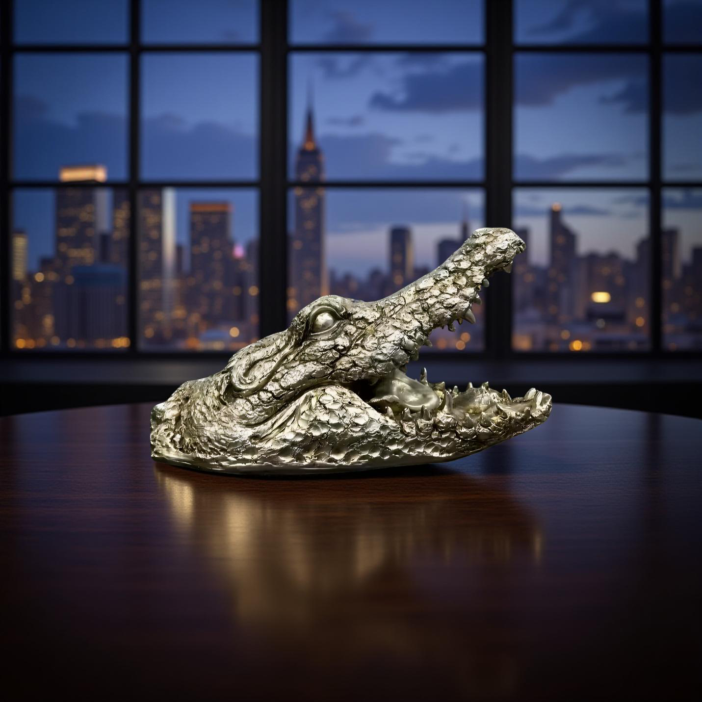 Green Croc Bite Alligator Head Sculpture – Metallic Statement Decor