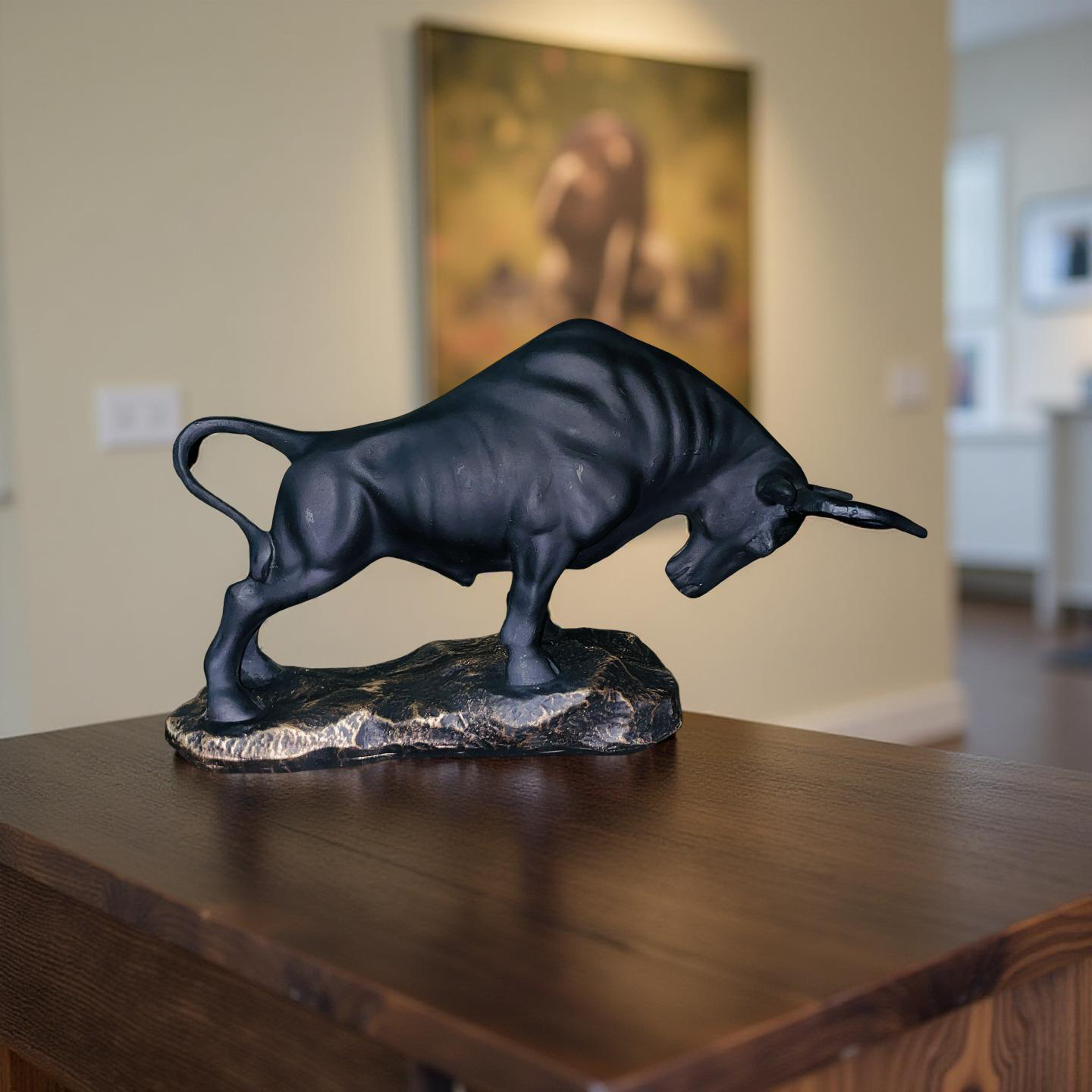 Obsidian Bull Charging Sculpture – Matte Black Statement Decor (1 Ft)