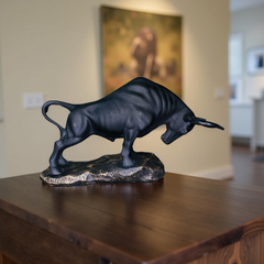 Obsidian Bull Charging Sculpture – Matte Black Statement Decor (1 Ft)