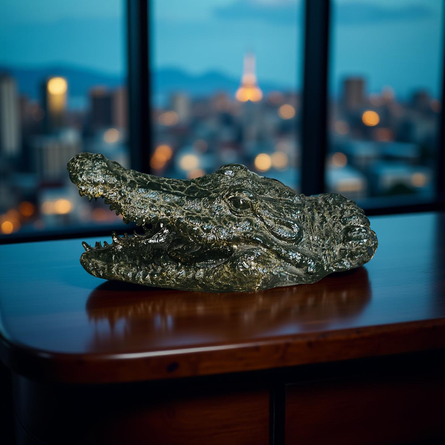 Green Croc Bite Alligator Head Sculpture – Metallic Statement Decor