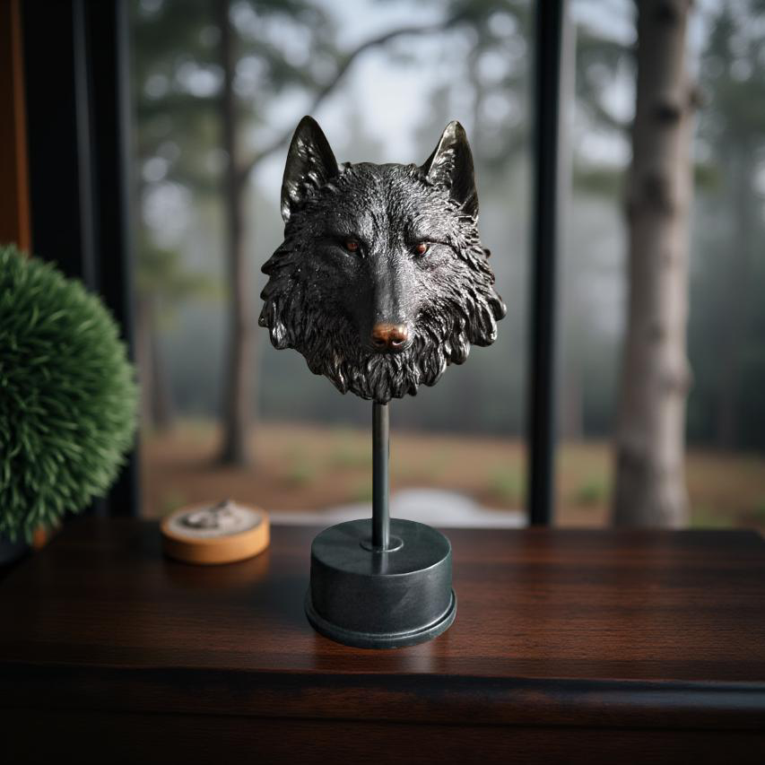 Midnight Sentinel Wolf Bust Sculpture Matte Black Statue (1.5 Ft)