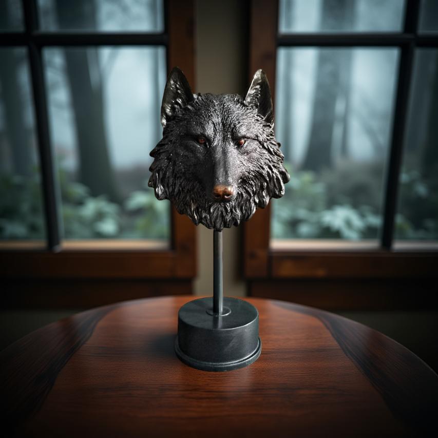 Midnight Sentinel Wolf Bust Sculpture Matte Black Statue (1.5 Ft)