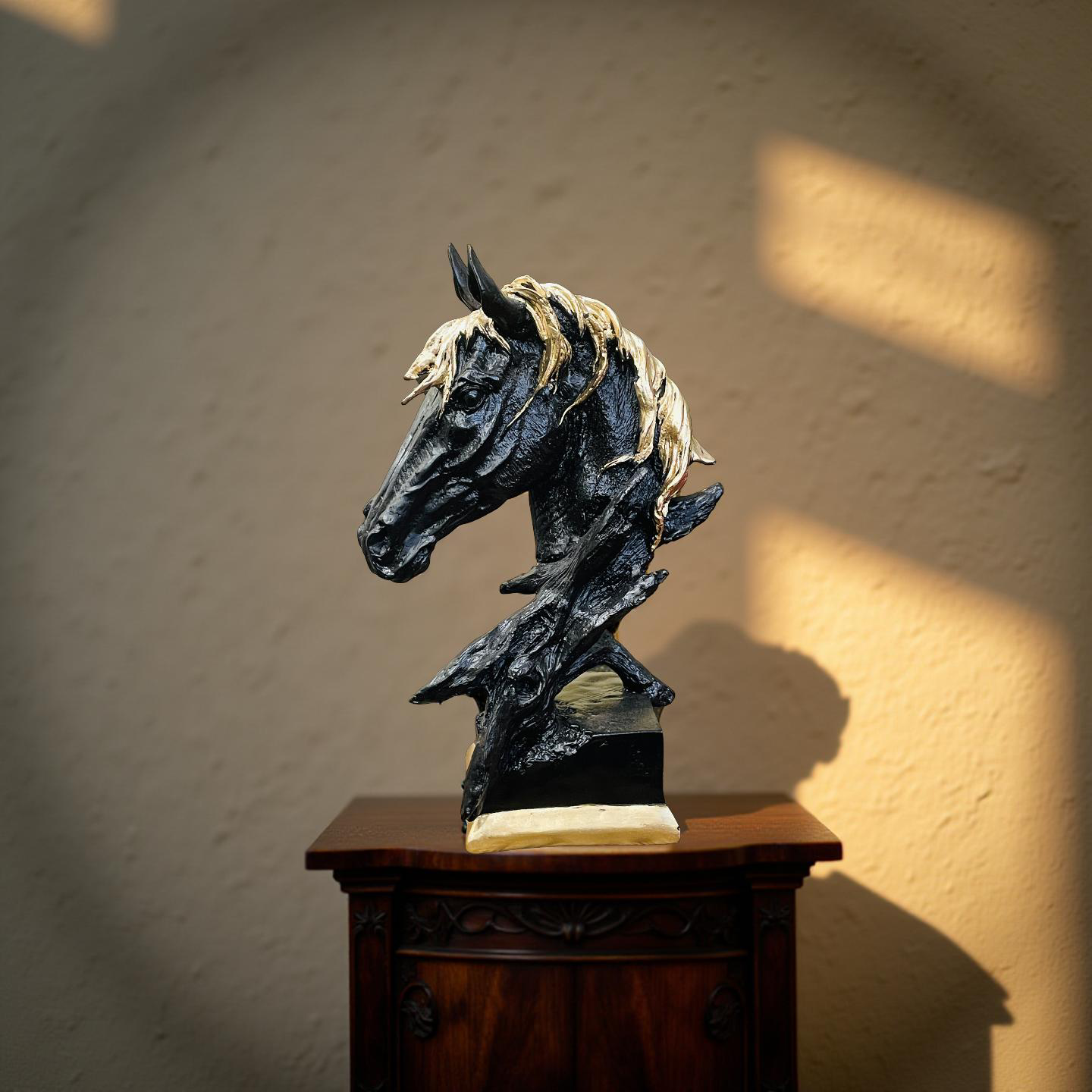 Midnight Stallion Black & Gold Horse Bust – Modern Sculpture Decor (2.5 Ft)