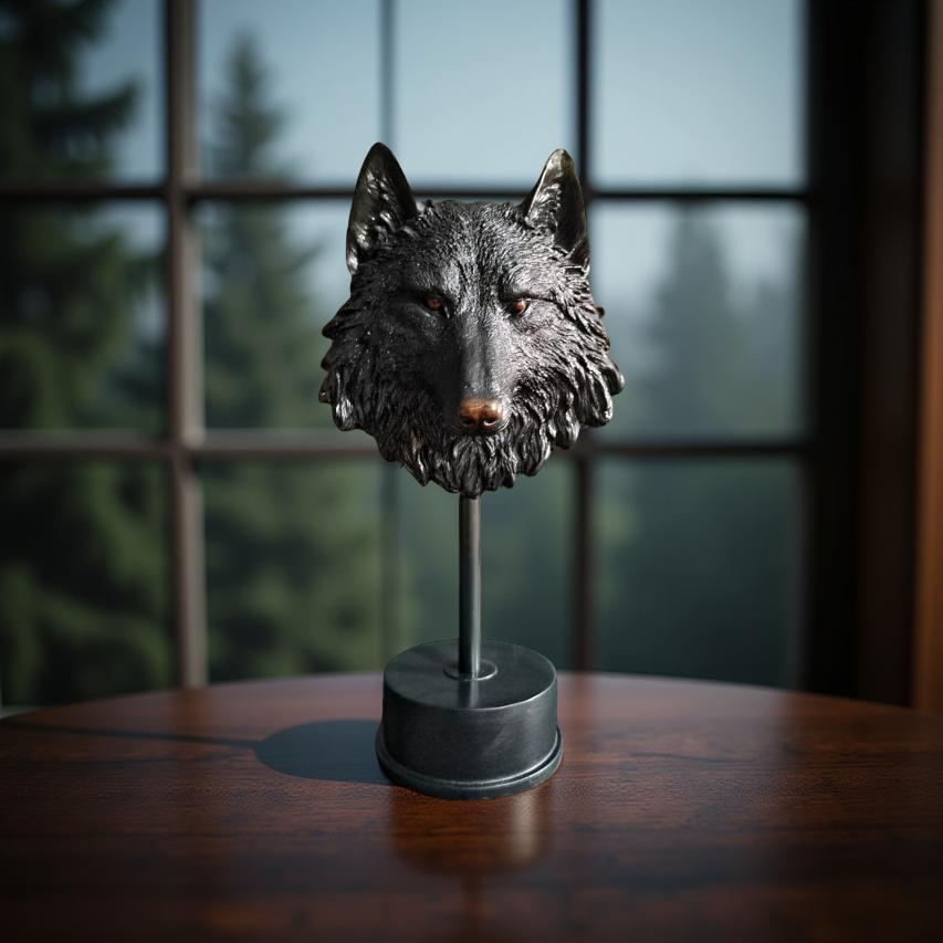 Midnight Sentinel Wolf Bust Sculpture Matte Black Statue (1.5 Ft)