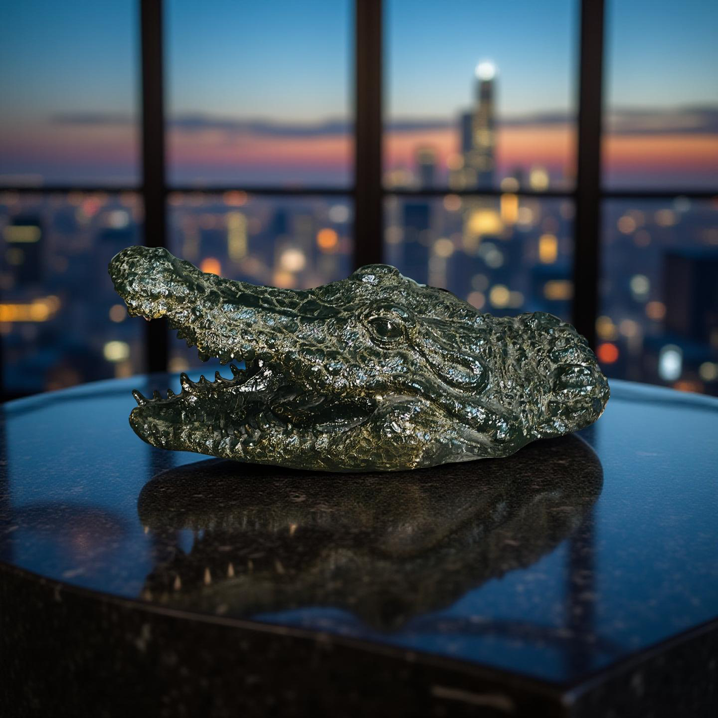 Green Croc Bite Alligator Head Sculpture – Metallic Statement Decor