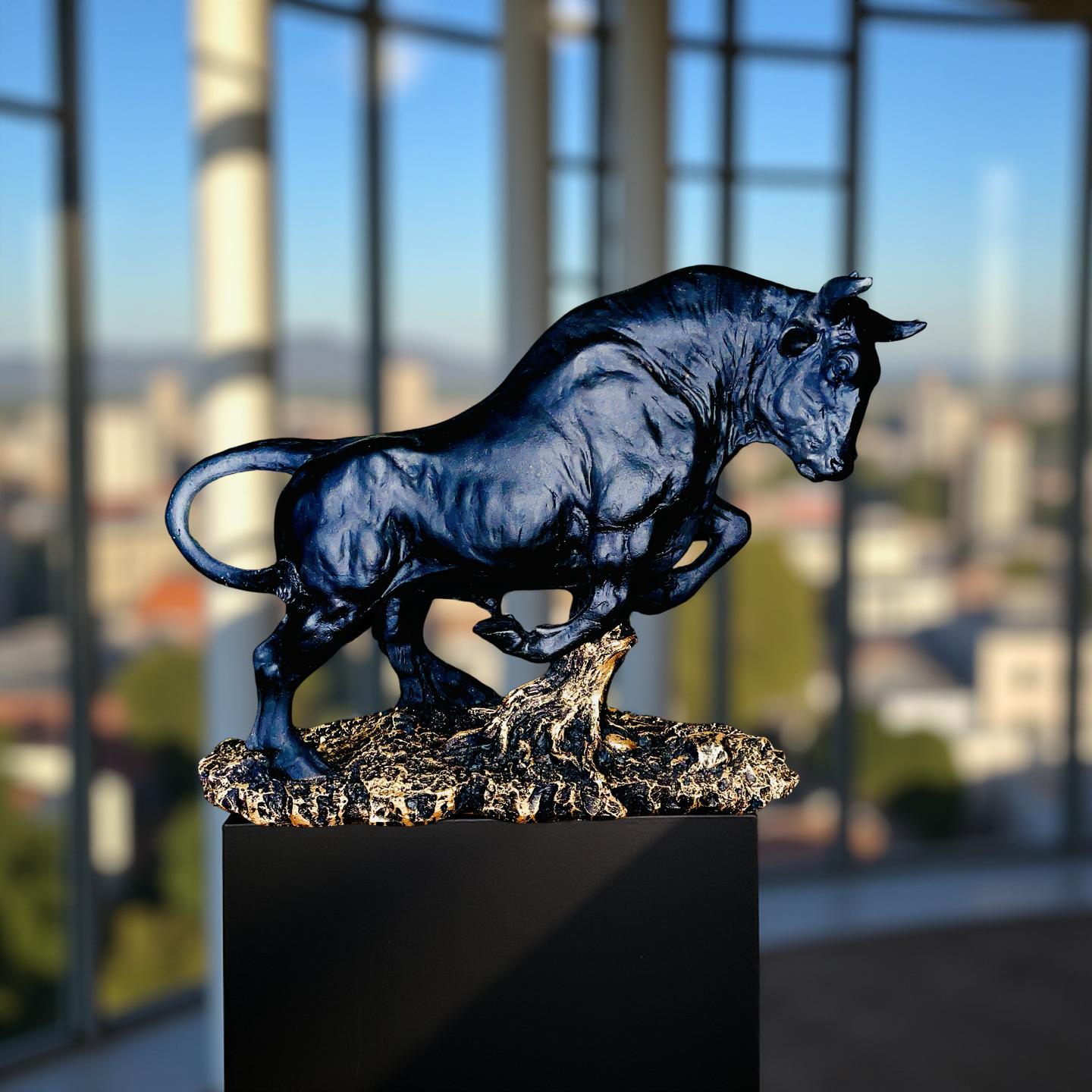 Titan Bull Power & Prosperity Sculpture – Black & Gold Statue (1 Ft)