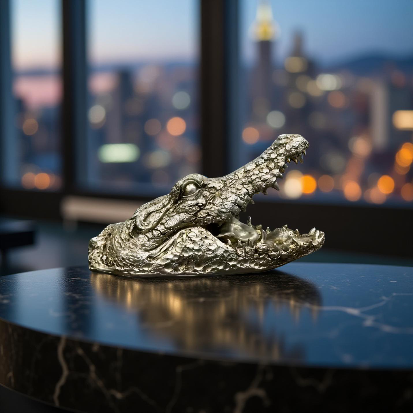Green Croc Bite Alligator Head Sculpture – Metallic Statement Decor