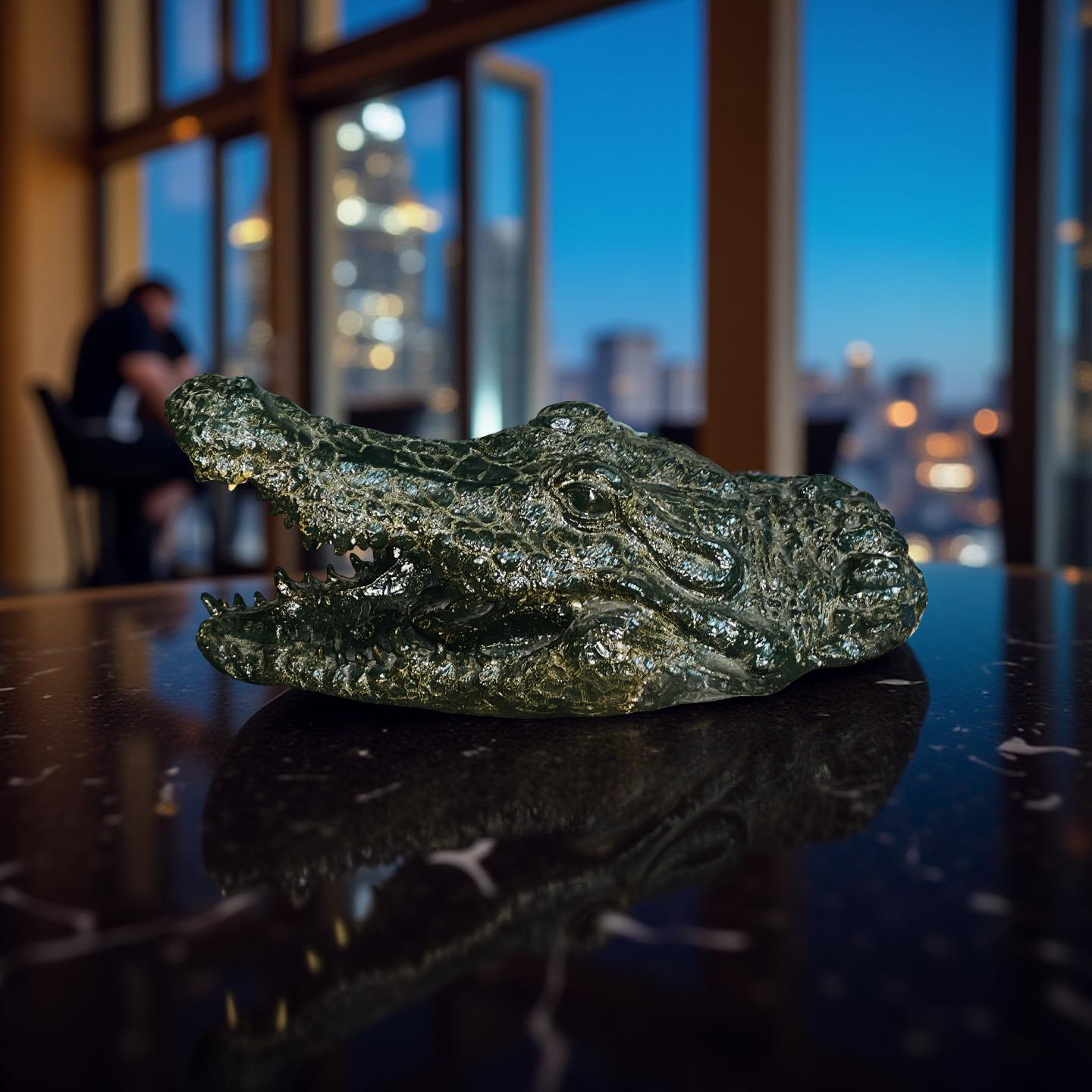 Green Croc Bite Alligator Head Sculpture – Metallic Statement Decor