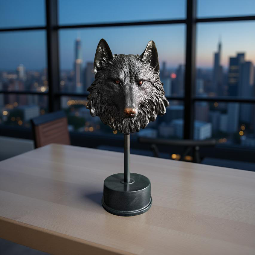 Midnight Sentinel Wolf Bust Sculpture Matte Black Statue (1.5 Ft)