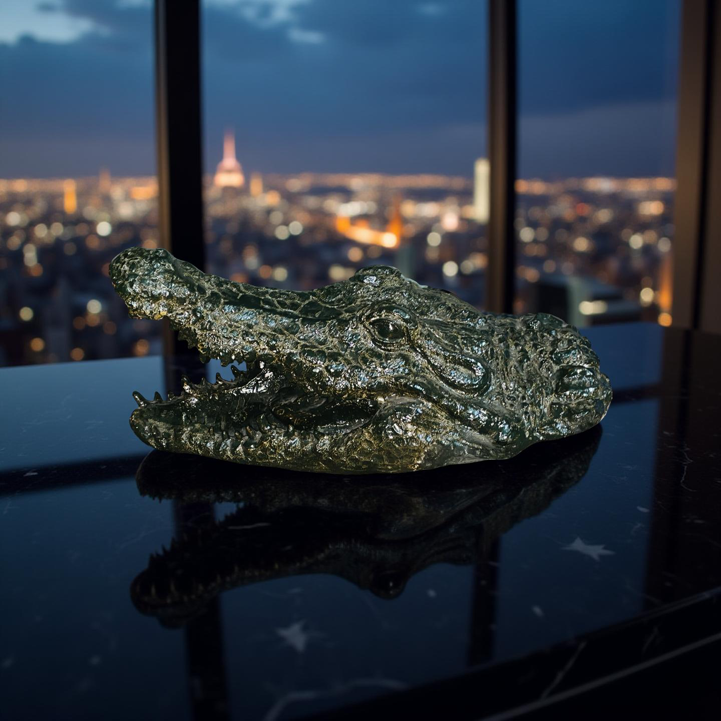 Green Croc Bite Alligator Head Sculpture – Metallic Statement Decor