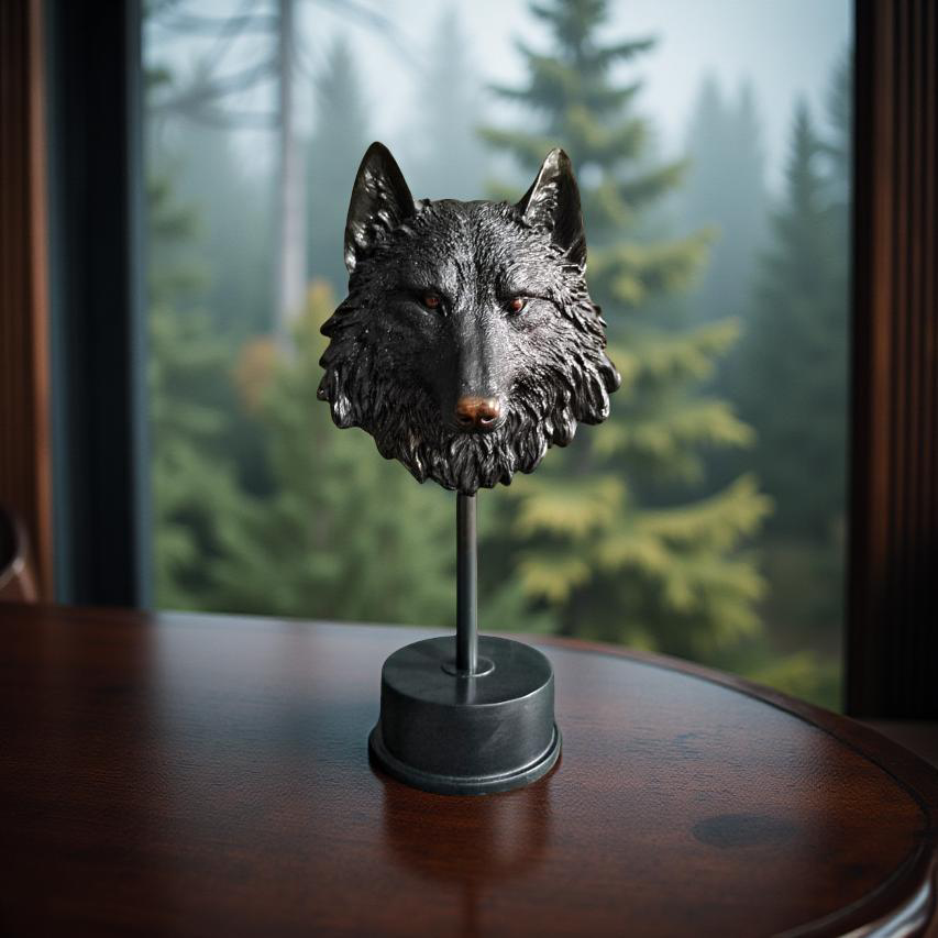 Midnight Sentinel Wolf Bust Sculpture Matte Black Statue (1.5 Ft)