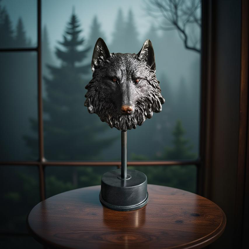 Midnight Sentinel Wolf Bust Sculpture Matte Black Statue (1.5 Ft)