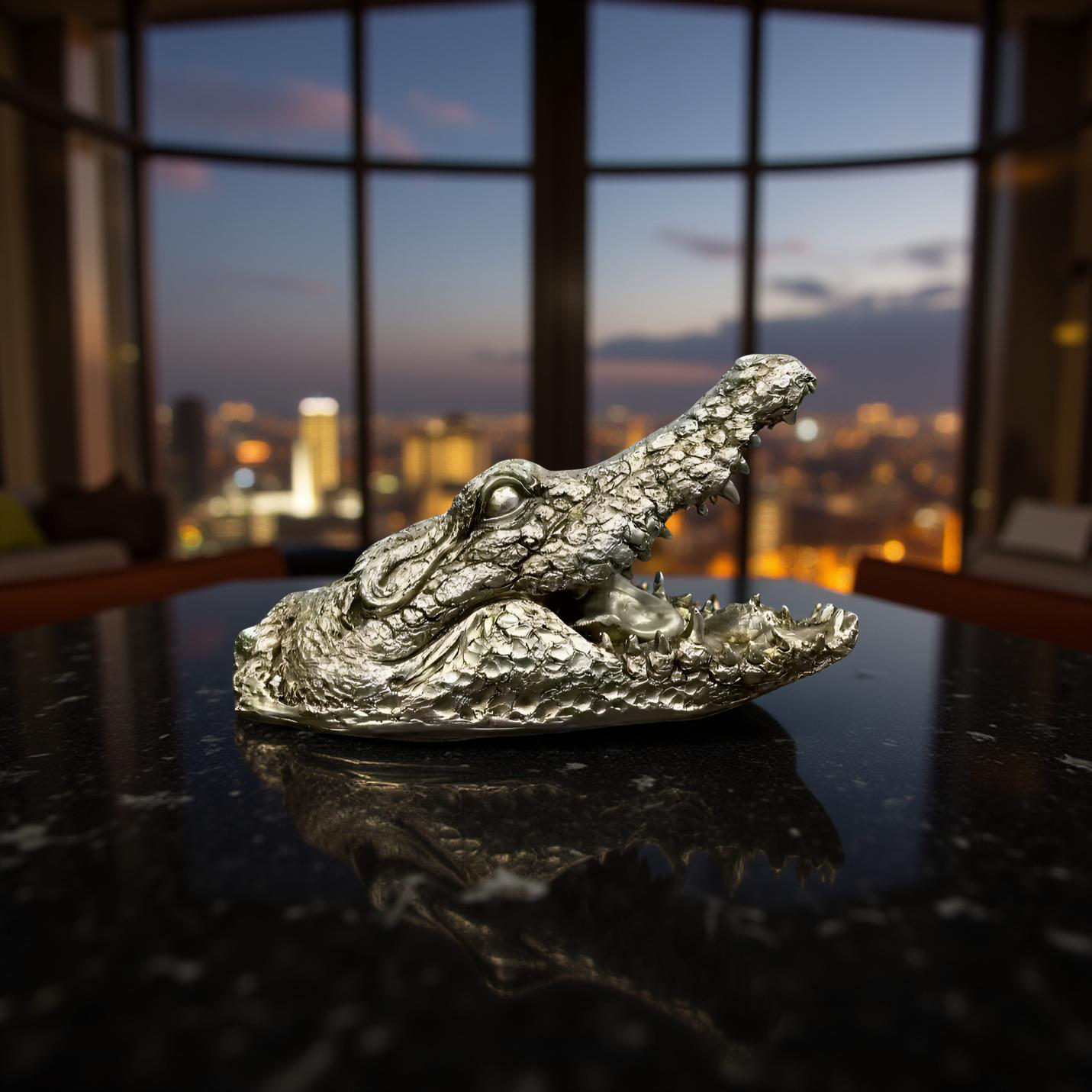 Green Croc Bite Alligator Head Sculpture – Metallic Statement Decor