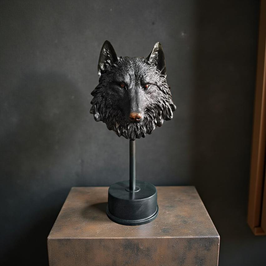 Midnight Sentinel Wolf Bust Sculpture Matte Black Statue (1.5 Ft)