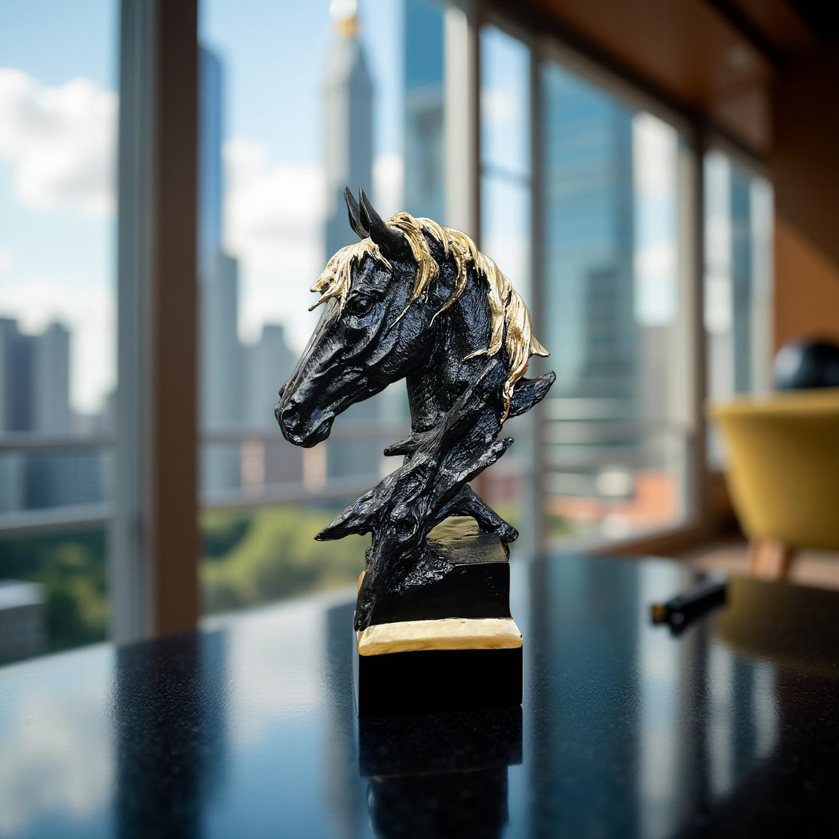 Midnight Stallion Black & Gold Horse Bust – Modern Sculpture Decor (2.5 Ft)