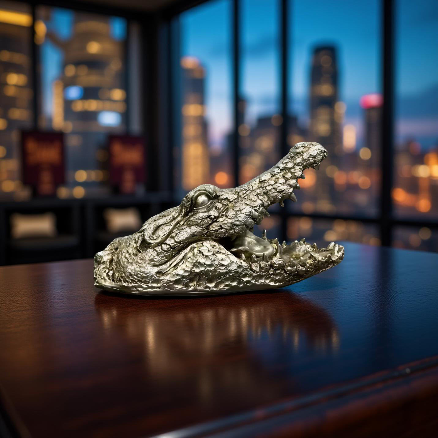 Green Croc Bite Alligator Head Sculpture – Metallic Statement Decor