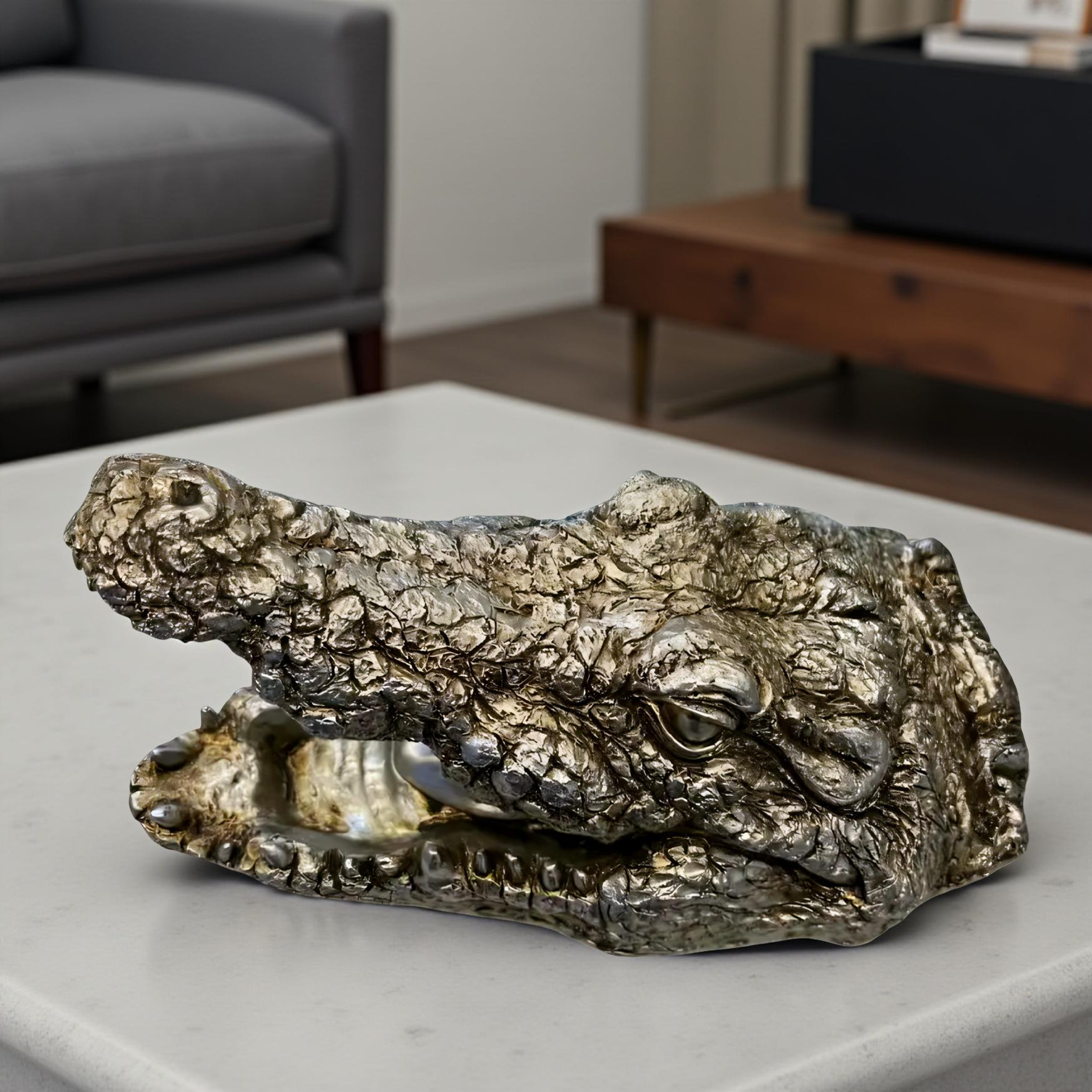 Green Croc Bite Alligator Head Sculpture – Metallic Statement Decor