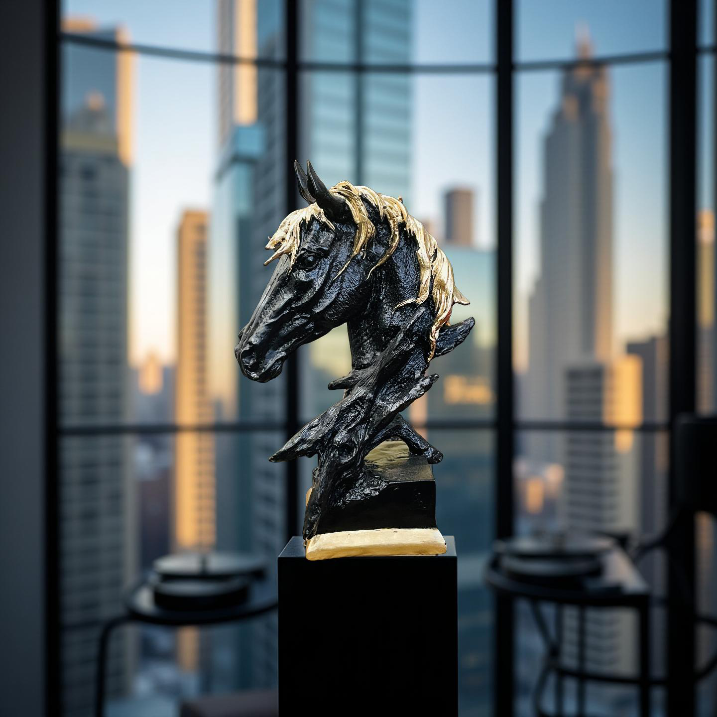 Midnight Stallion Black & Gold Horse Bust – Modern Sculpture Decor (2.5 Ft)