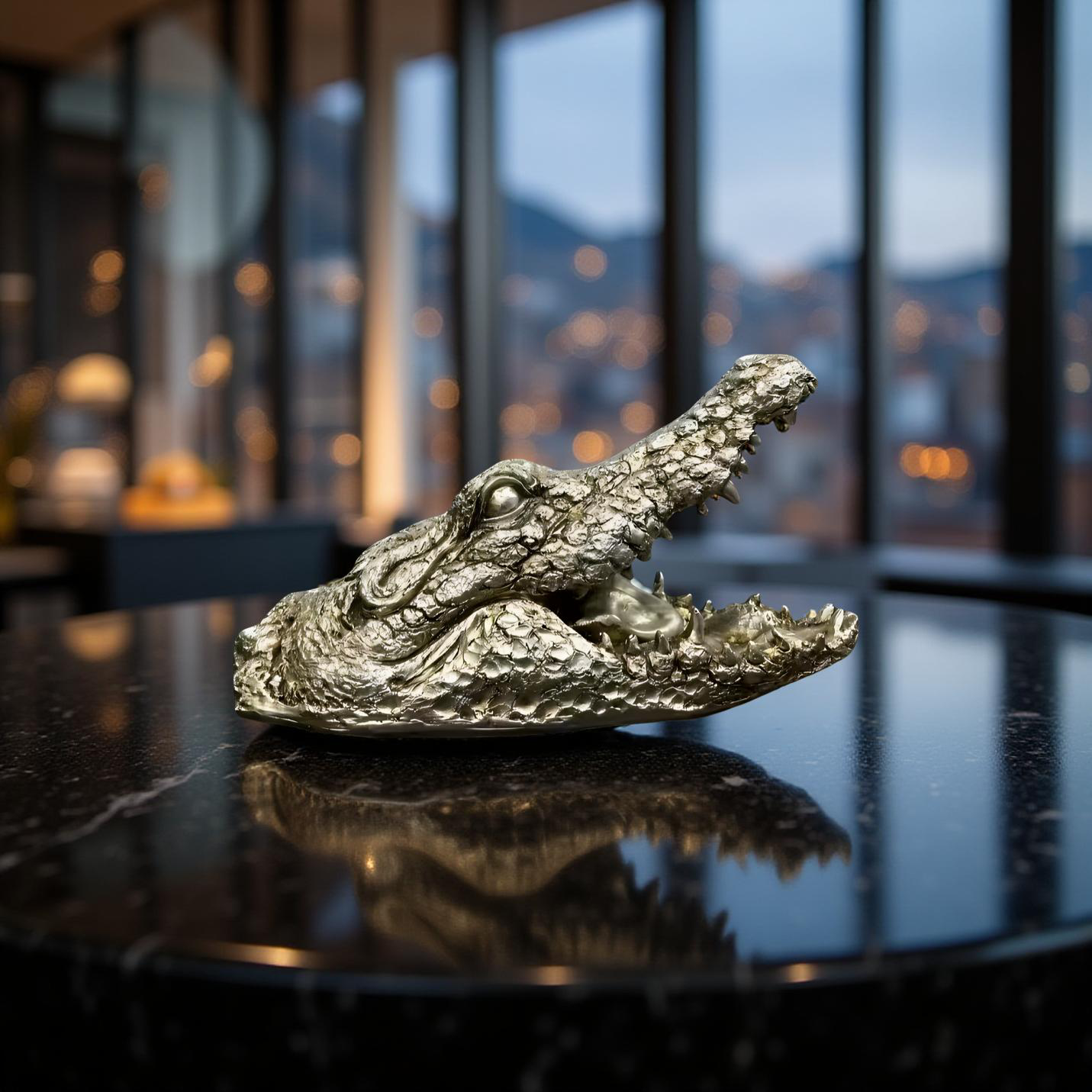 Green Croc Bite Alligator Head Sculpture – Metallic Statement Decor