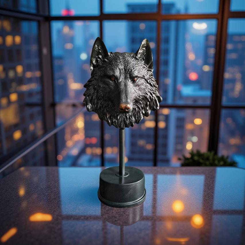 Midnight Sentinel Wolf Bust Sculpture Matte Black Statue (1.5 Ft)