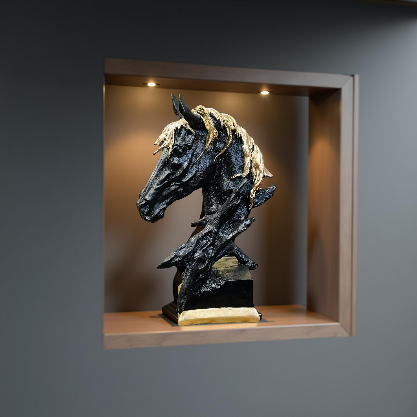 Midnight Stallion Black & Gold Horse Bust – Modern Sculpture Decor (2.5 Ft)